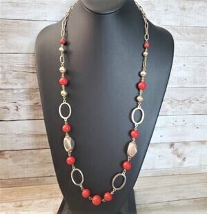 Vintage Necklace Long Gold Tone & Red Statement Necklace